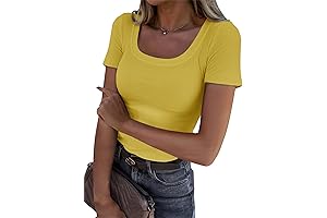 Women's Yellow Summer Scoop Neck Short Sleeve Ribbed Knit Slim Fitted T-Shirt