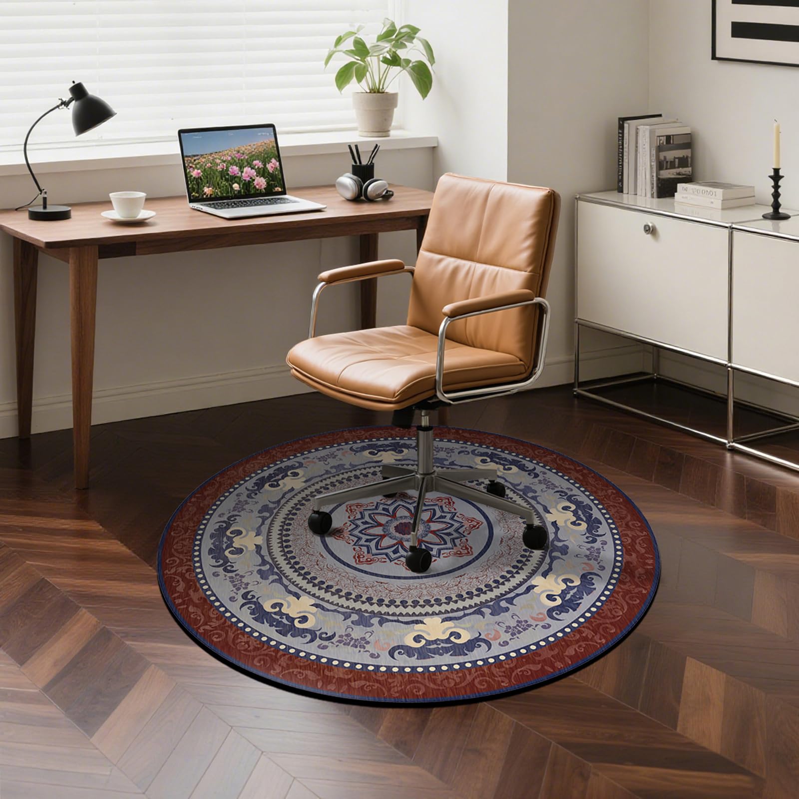 Washable Round Area Rug 3ft Ultra-Thin Non-Slip Floor Mat Vintage Boho Carpet for Living Room Bedroom Dining Room