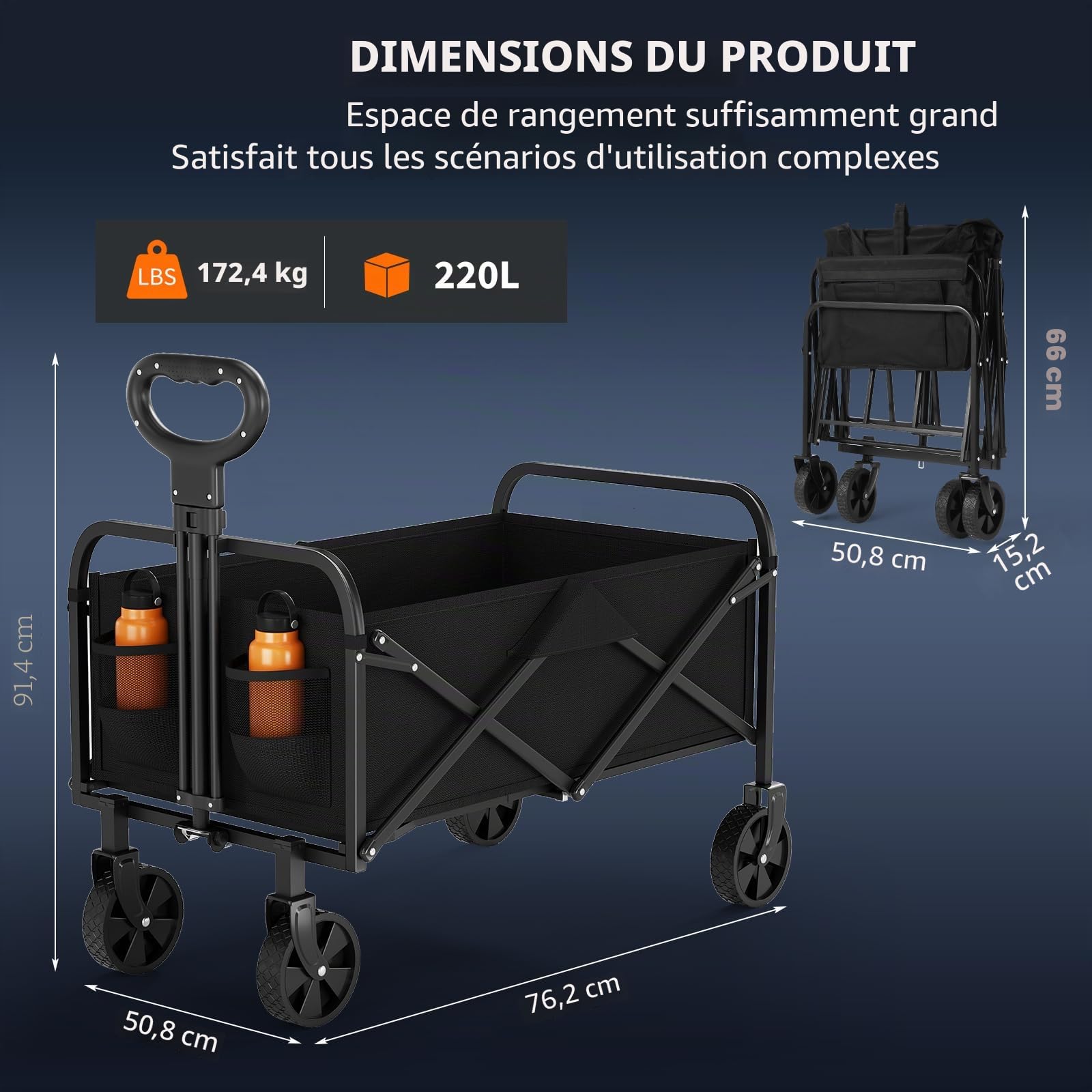 Chariot de plage pliable XL - Charge maximale : 172 kg - Chariot de plage pliable avec roues pivotantes à 360° - Pour camping, shopping, jardin, 73 x 46,5 x 89,5 cm - Noir