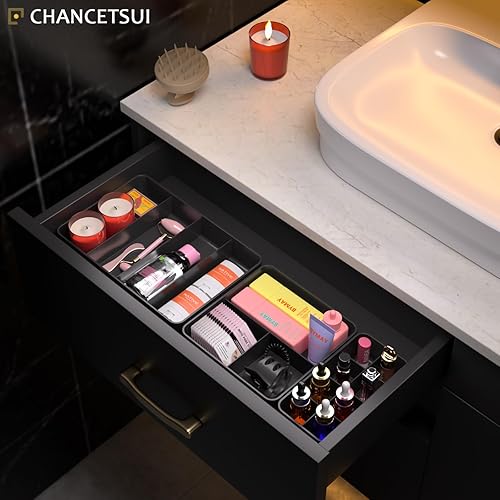 Miniatura 3 de Organizador de cajones, divisor apilable, paquete de 3 organizadores de maquillaje, encimera de baño, caja de almacenamiento compacta de 15 celdas,