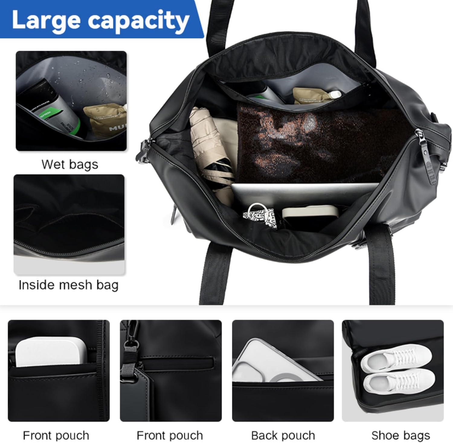 JUMAHE Gym Duffel Bag, PU Travel Bags Foldable Sports Duffle with Shoe Compartment & Wet Pocket, Lightweight & Water-Resistant for Workout, Weekender Sports Bag Daily Use Tote Carry On Luggage Bag
