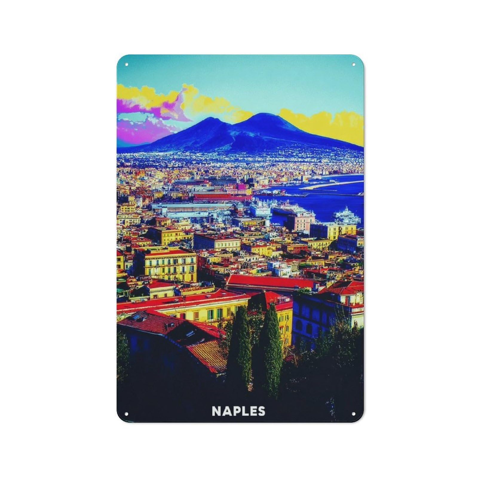 Junmoney Naples Cityscape With Mount Vesuvius Metal Wall Sign 30X20cm Featuring For Pub Or Café, For Pub Decor Enthusiasts, For Retro Home Interiors