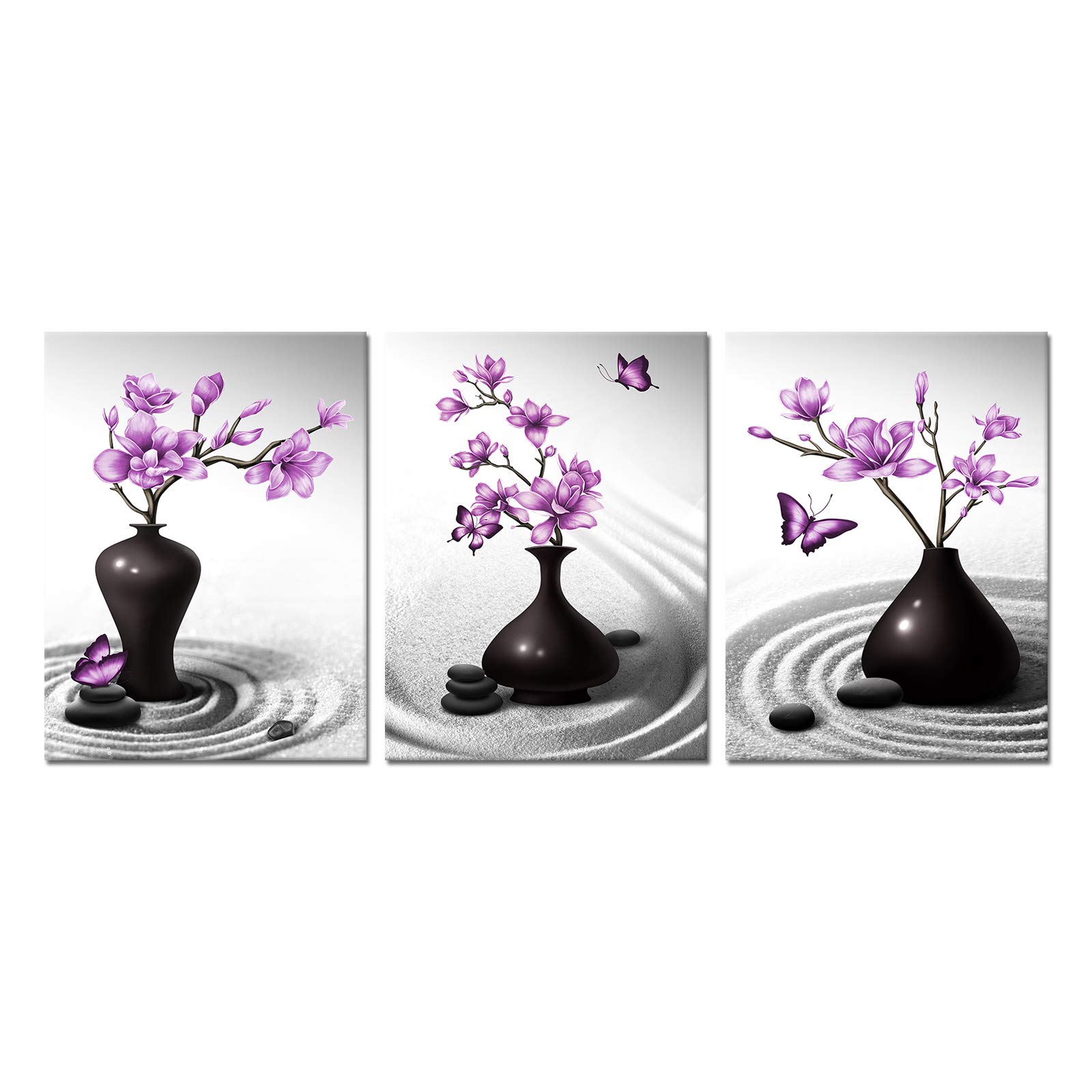 Kalormore Zen Sand Canvas Wall Art Purple Magnolia Flowers in Black Vase Painting Abstract Floral Prints Decor Contemporary Artwork for Modern Home Living Room Bedroom Bathroom Yoga Spa Decoration