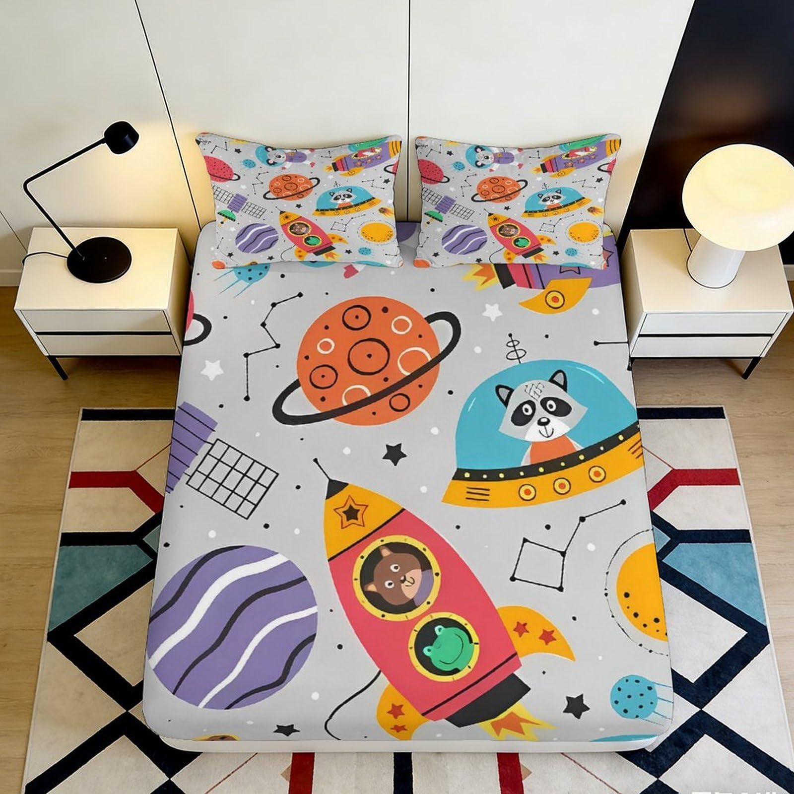 Pnayamiorkfel Style-4 3D Printed Space Rocket Fitted Sheet Microfiber Soft Cartoon Planet Mattress Cover For Bedroom Dorm Mattress Decor 90X200x25cm