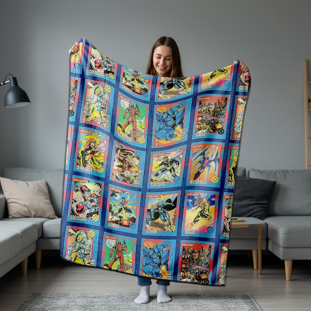 Marvel X‑Men Comic Cards Fleece Throw Blanket – Ultra‑Soft Silk‑Touch Polyester, Wolverine Deadpool Storm Gambit Art, Lightweight Warm Couch & Travel Blanket, 60 × 45 in