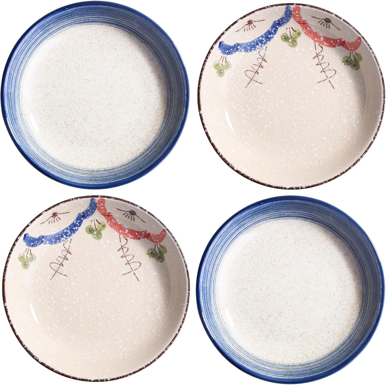 Japanese Ceramic Dinner Plates Set of 4-8 Inch Hand-Painted Deep Plates for Pasta, Salad, Sushi - Microwave & Dishwasher Safe Porcelain, 2 Assorted Patterns for Home Kitchen