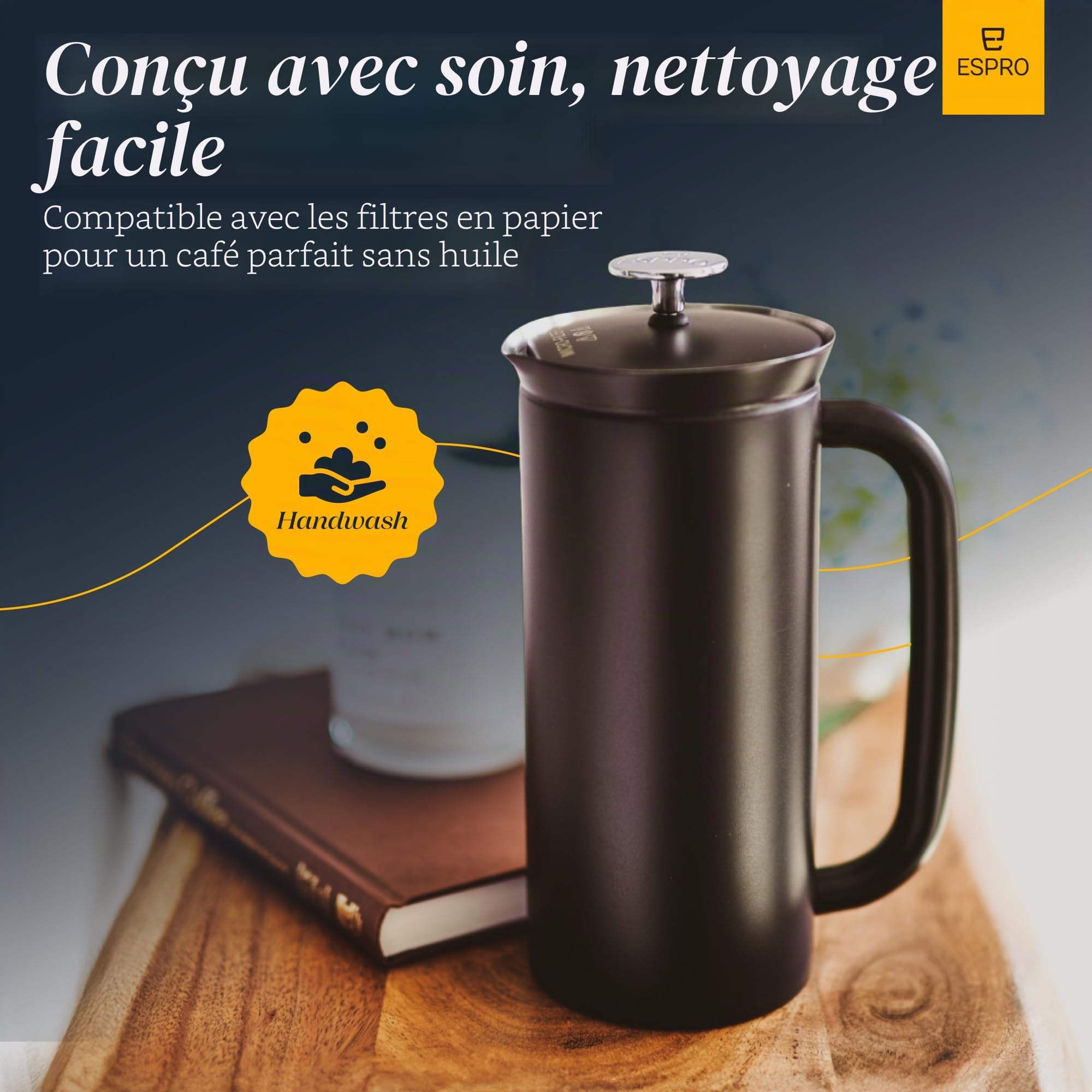 Espro P7 French Press Cafetière à piston isotherme à double paroi en acier inoxydable avec micro-filtre – Garde les boissons chaudes plus longtemps, parfait pour la maison (noir mat, 45 oz)