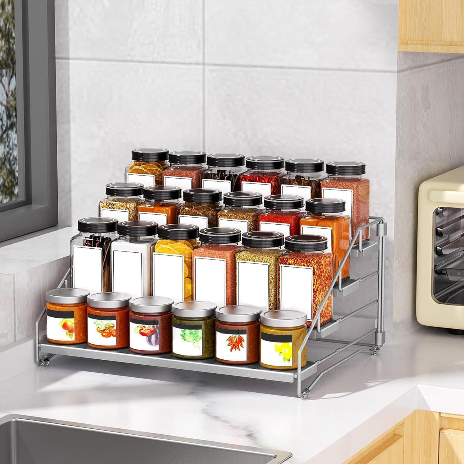 Scaffale organizer regolabile per armadietto, espandibile, , per barattoli, bottiglie, condimenti, salse alimentari, condimenti, per uso domestico