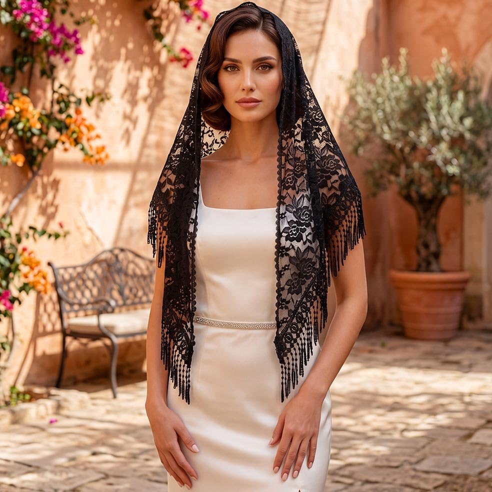 Image of Unsutuo Triangle Mantilla Veil White Lace Chapel Veils with Comb Catholic Mass Head Covering Scarf for Brides and Women