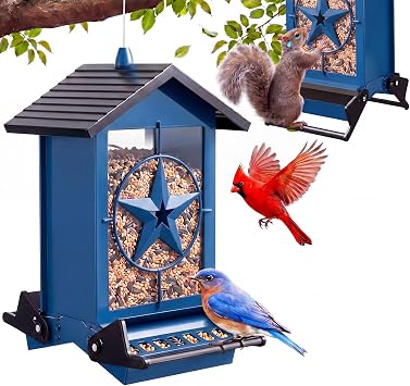 Squirrel Proof Bird Feeders for Outdoors with Weight-Activated, Metal 5LB Large Wild Bird Feeders for Cardinals,Blue Jay,Finch, Weatherproof Durable Hanging Bird Feeder for Backyard,Garden Blue