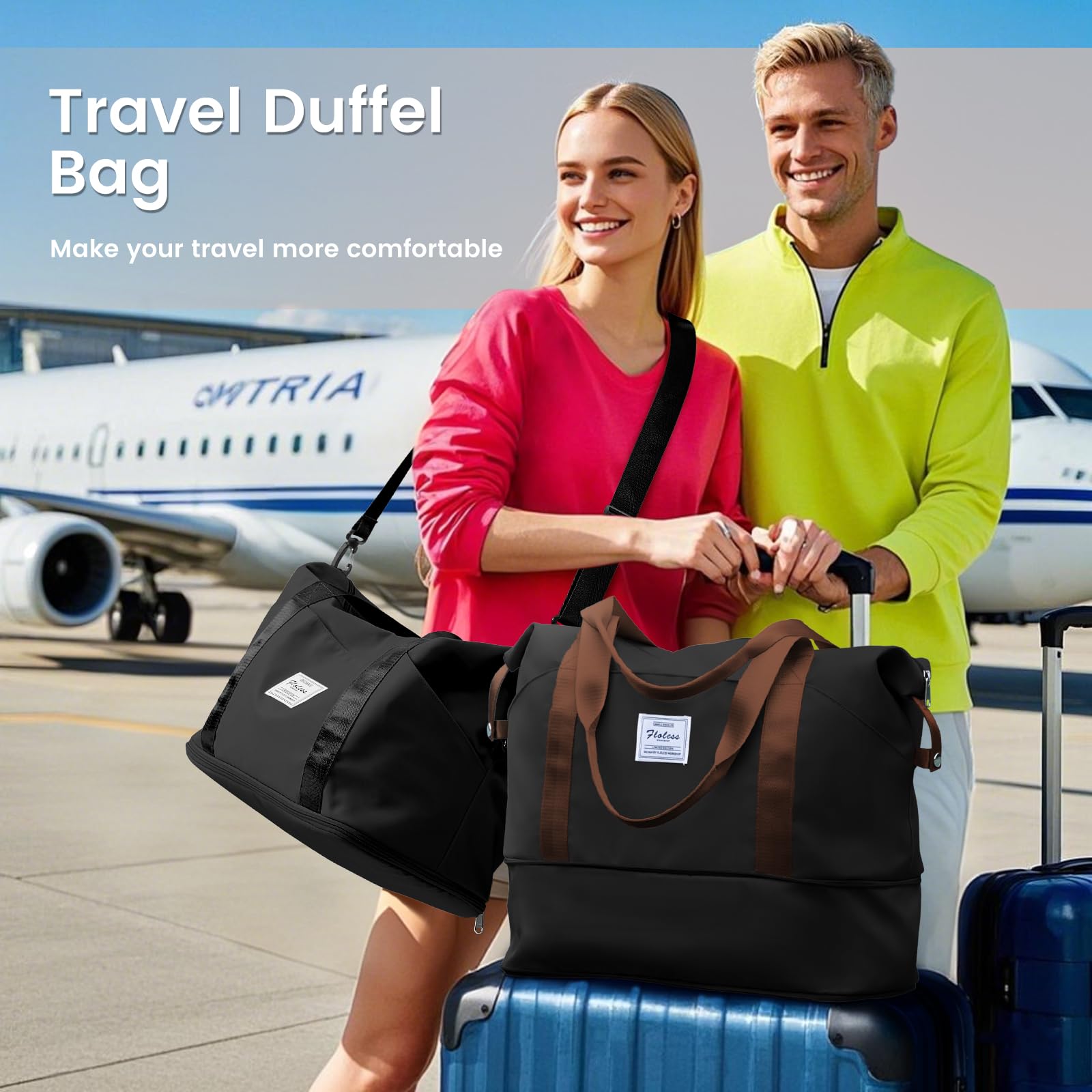 SZLX Travel Duffel Bag Weekend Bag with Trolley Sleeve,Ryanair Cabin Bag 40x30x20 Duffel Bag Wizzair,Dry & Wet Seperated Sports Gym Bag Waterproof Carry On Bag for Women Men Hospital Tote(Black Brown) — view 3