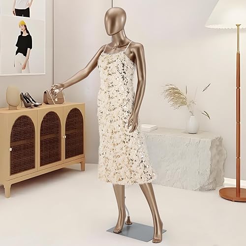 Miniatura 6 de Maniquí femenino para vestido de cuerpo completo - 70" Maniquí realista con rotación de cabeza y brazo con base de metal (Oro mate)