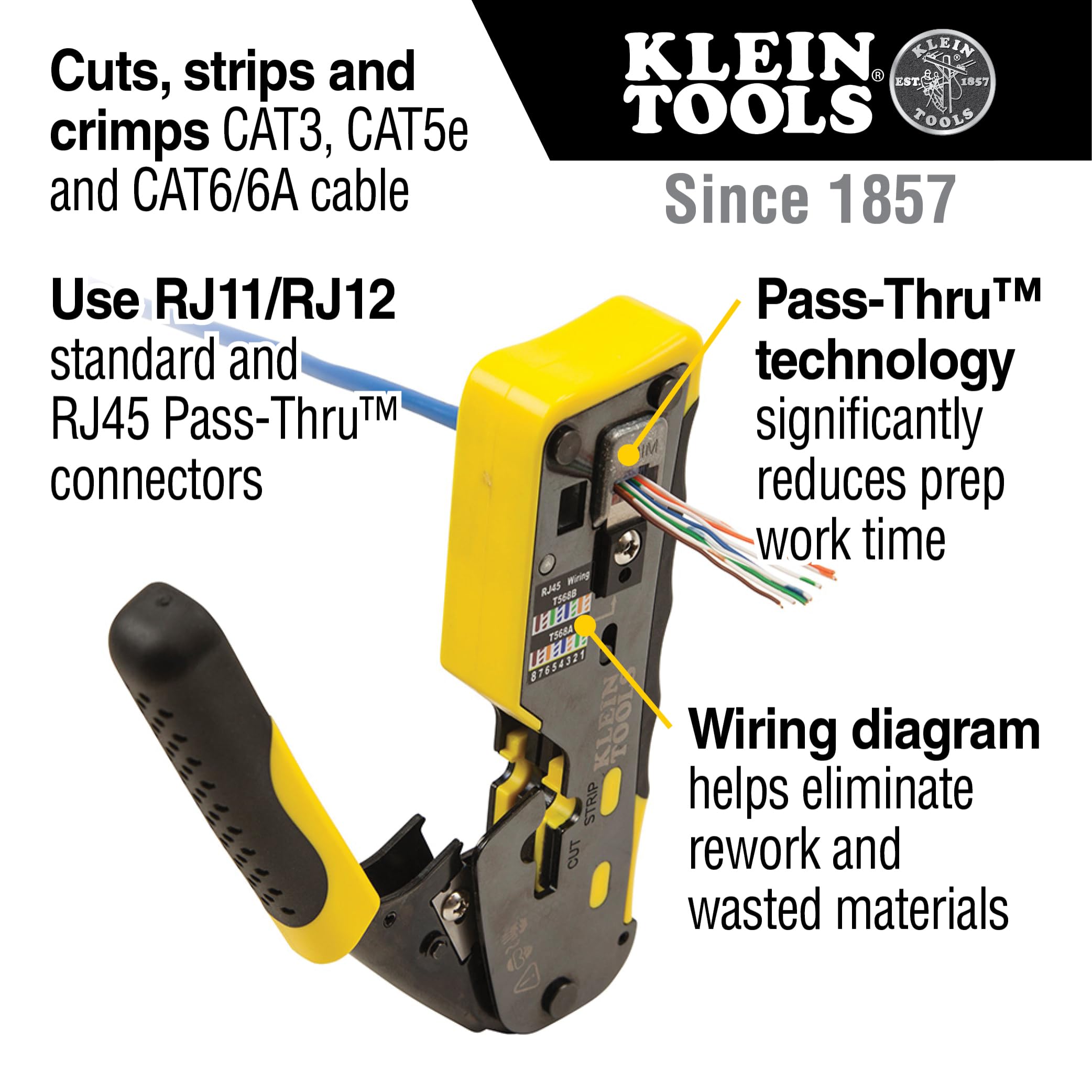 Klein Tools VDV226-110 | Pinza Crimpatrice A Cricchetto Pass Thru | Taglia Spela E Crimpa Cavi Dati | RJ11 RJ12 RJ45 | Struttura In Acciaio Resistente