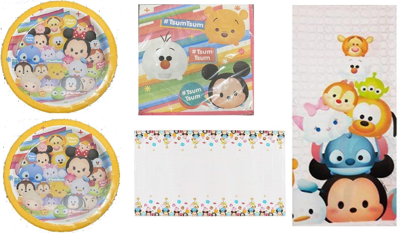 Tsum Tsum Birthday Party Supplies Bundle Pack includes 16 Dessert Cake Paper Plates 7", 16 Paper Napkins, 1 Plastic Table Cover