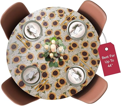 Covers For The Home - Funda de mesa ajustable de vinilo con interior de franela y borde elástico, de lujo, con diseño de girasol, pequeña redonda