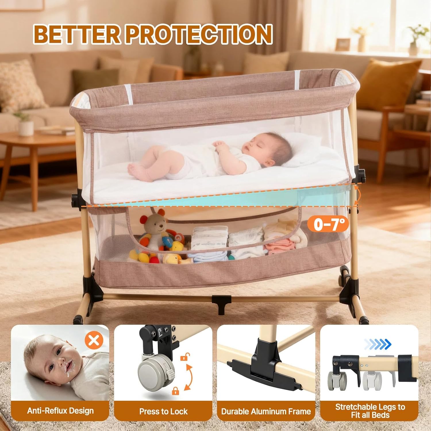 Baby Bassinet Bedside Sleeper, 3-in-1 Bedside Bassinet, 5 Height Adjustable Rocking Bassinet, Breathable Full Mesh, Mosquito Net, Storage Basket, Stable and Secure Bassinets for Newborn (Khaki)
