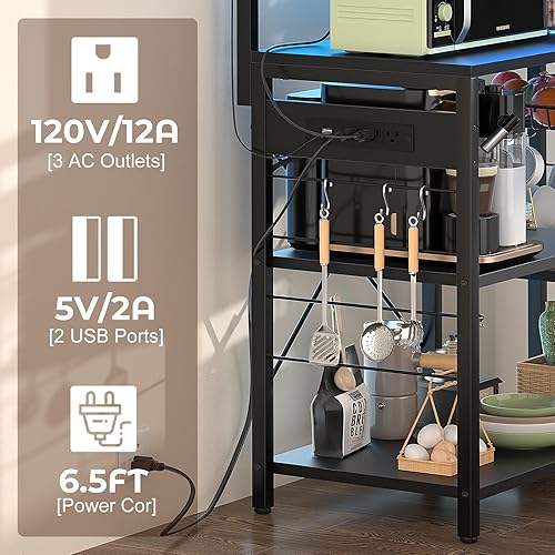 Miniatura 2 de Aheaplus Estante para panaderos con toma de corriente y cuerdas de luz LED, soporte para horno de microondas, estante de almacenamiento de cocina