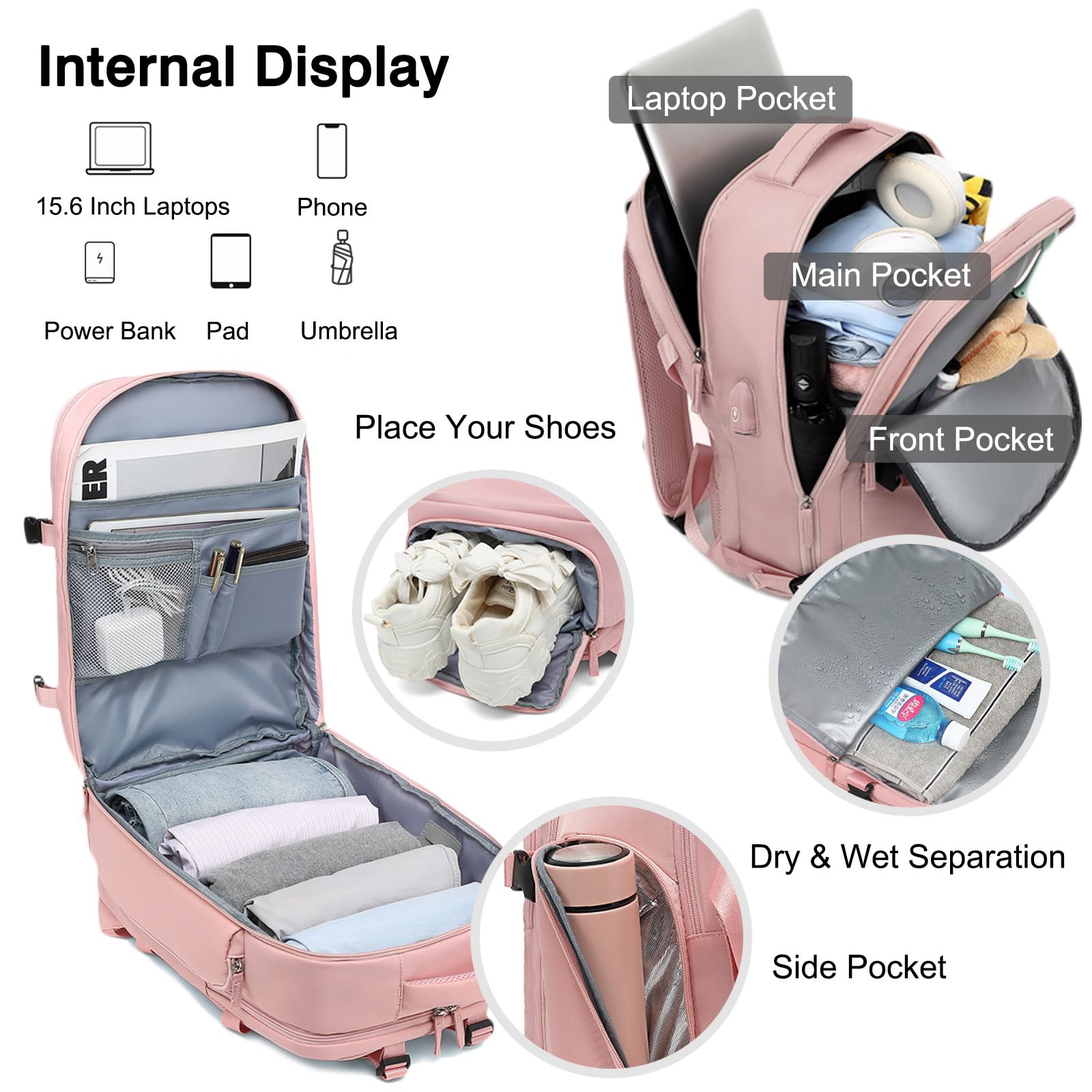 FANDARE Unisex Zaino Casual Zaino pc 15.6 pollici con porta di ricarica USB zainetto con chiusura a 180° Borsa da Cabina per Voli Zaino Lavoro viaggio Ufficio Zaini Scuola Università Nero