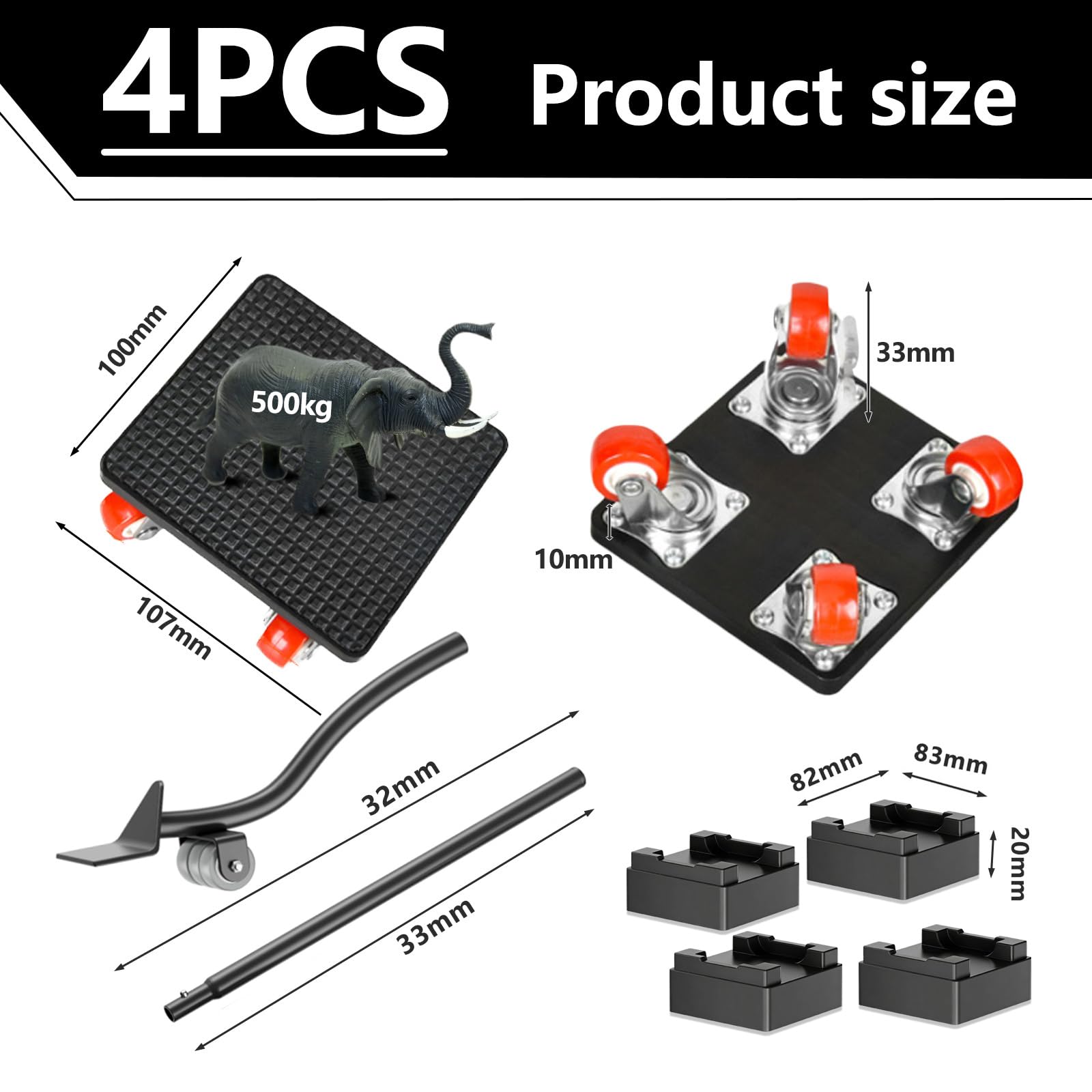 Kit de Leve Meuble, roulettes pour Meubles avec 630 mm Barre d'extension, 4 Roue Rotative à 360 Degrés, Charge Maximale 500 kg, pour Déplacement de Réfrigérateurs, Canapé, Machine à Laver, etc.