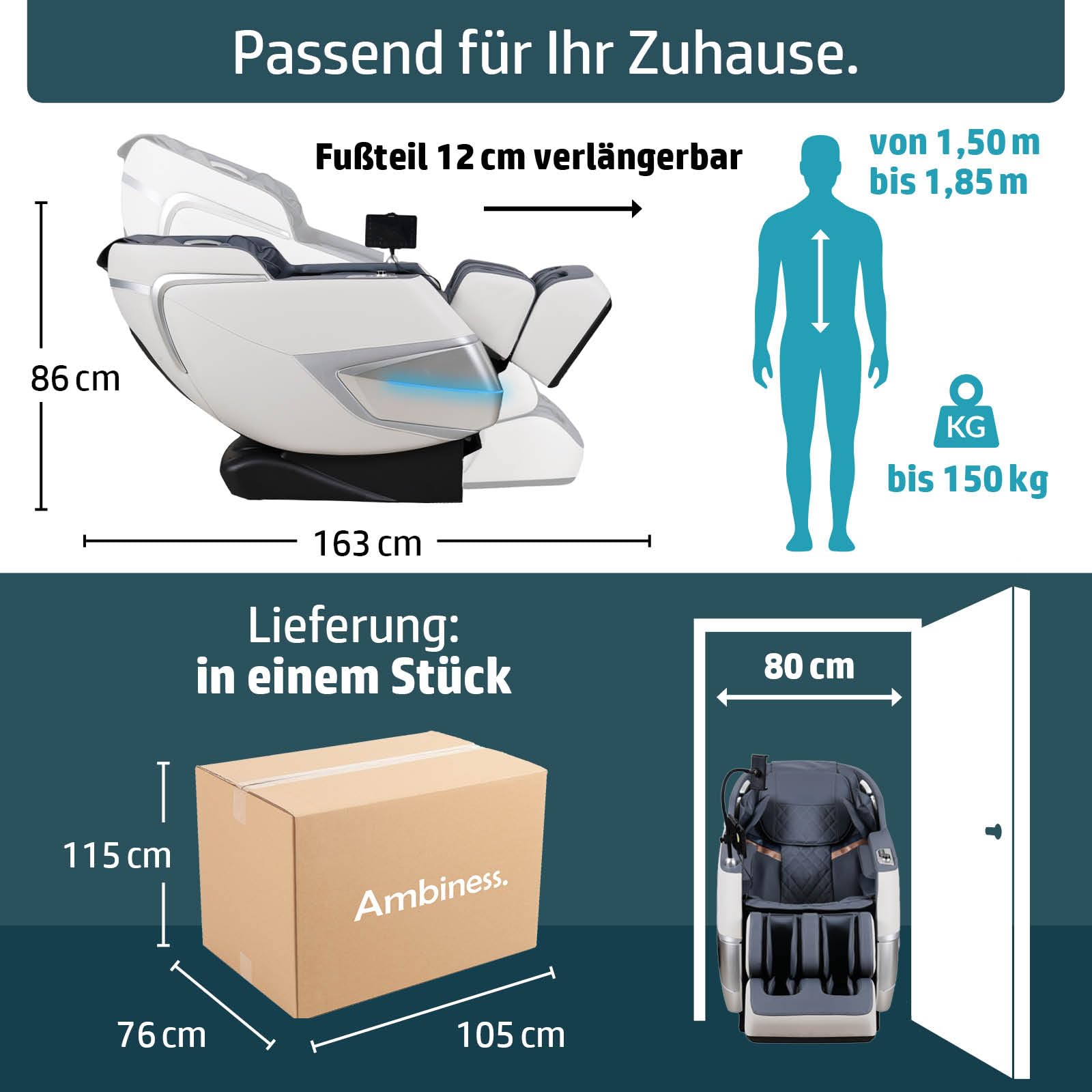 BRAST Ambiness Massagesessel Relaxsessel NALA | 42 Massageprogramme | deutsche Bediensprache | Zero Gravity-Funktion | 3D-Massagetechnologie Ganzkörpermassage + Wärmefunktion | Weiß