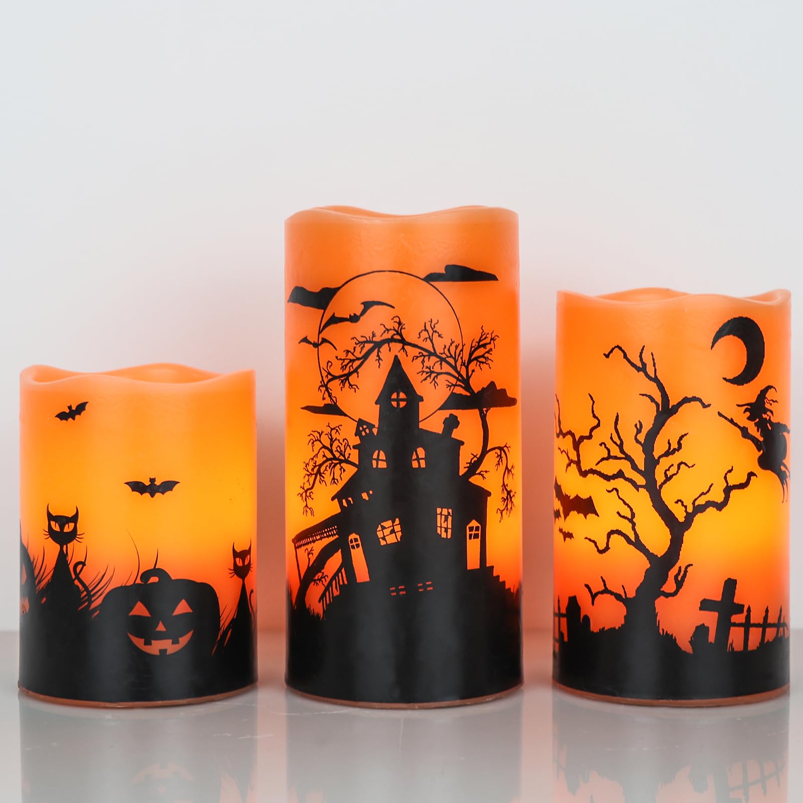 GenSwin Candele di Halloween con timer, candele tremolanti senza fiamma a batteria, confezione da 3 candele in vera cera, per decorazioni per la casa di Halloween (7,6 x 10,2 cm x 15,2 cm)