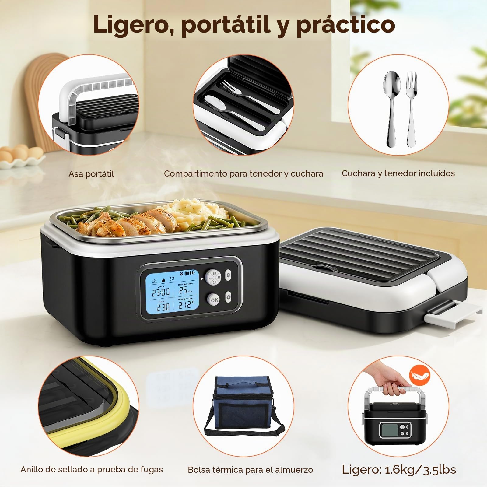 Fiambrera Eléctrica, 1,5L Fiambrera Calefactable Inalámbrica, 27000mAh Calentador de Alimentos Eléctrico Portátil, Fiambrera Autocalefactable Recargable para Oficina Coche Viajes Camping, Negro