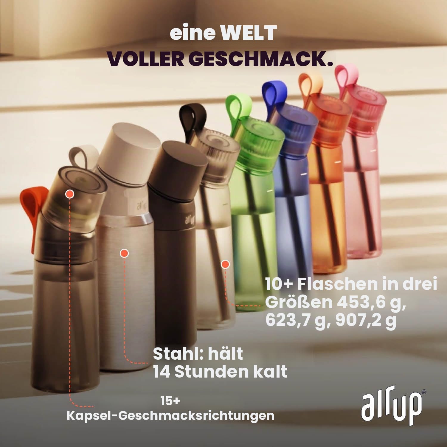 Air up® Wasserflasche (473ml) Black Steel + 3 Cola-Kapseln | Zuckerfreie Geschmackskapseln & Wasserflaschen mit Strohhalm | Aromatisierte Wasserflasche