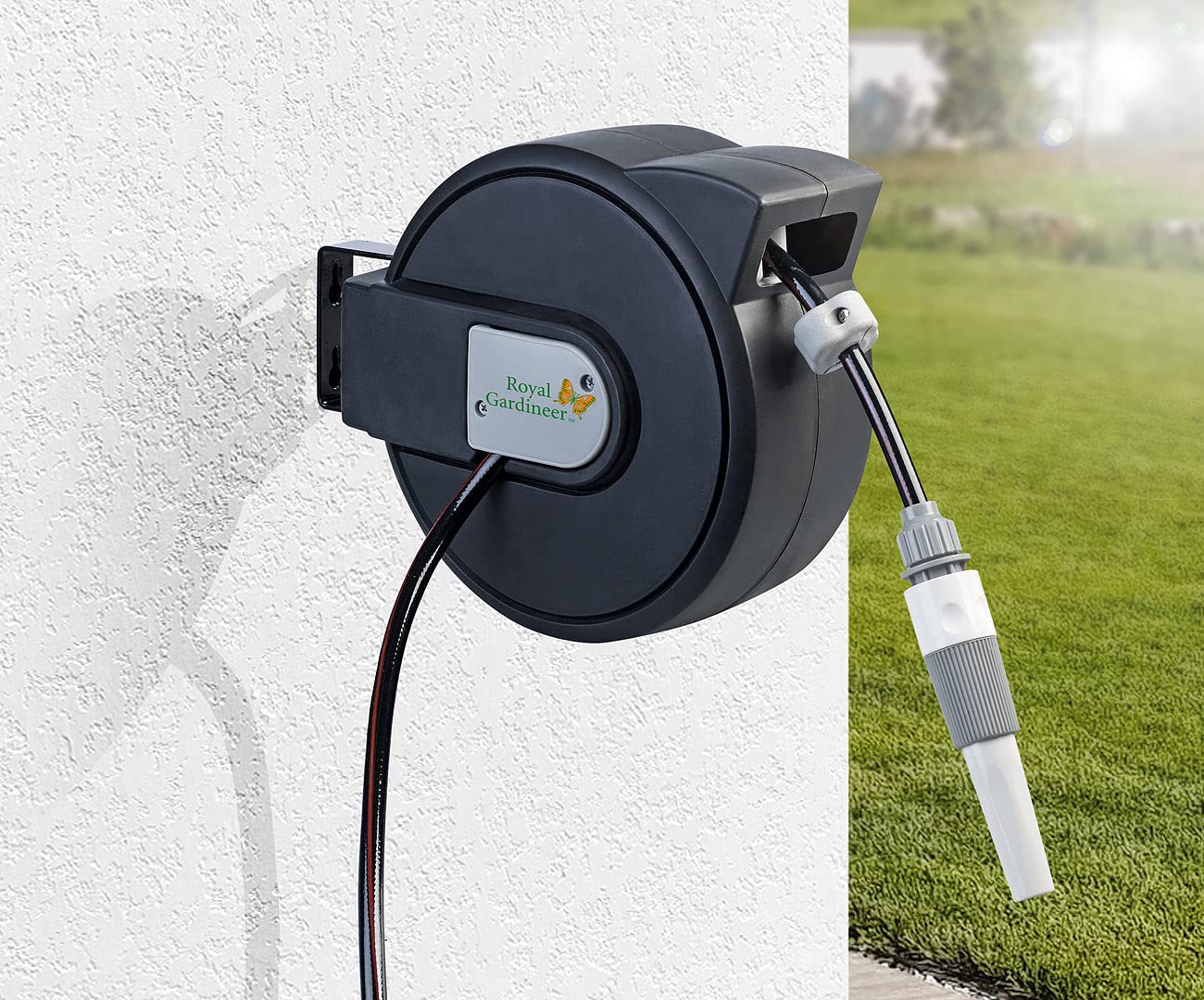 Royal Gardineer Schlauchtrommel: Gartenschlauch mit Wand-Box zum automatischen Aufrollen, 9 m (Schlauchbox, Gartenschlauchbox, Automat)