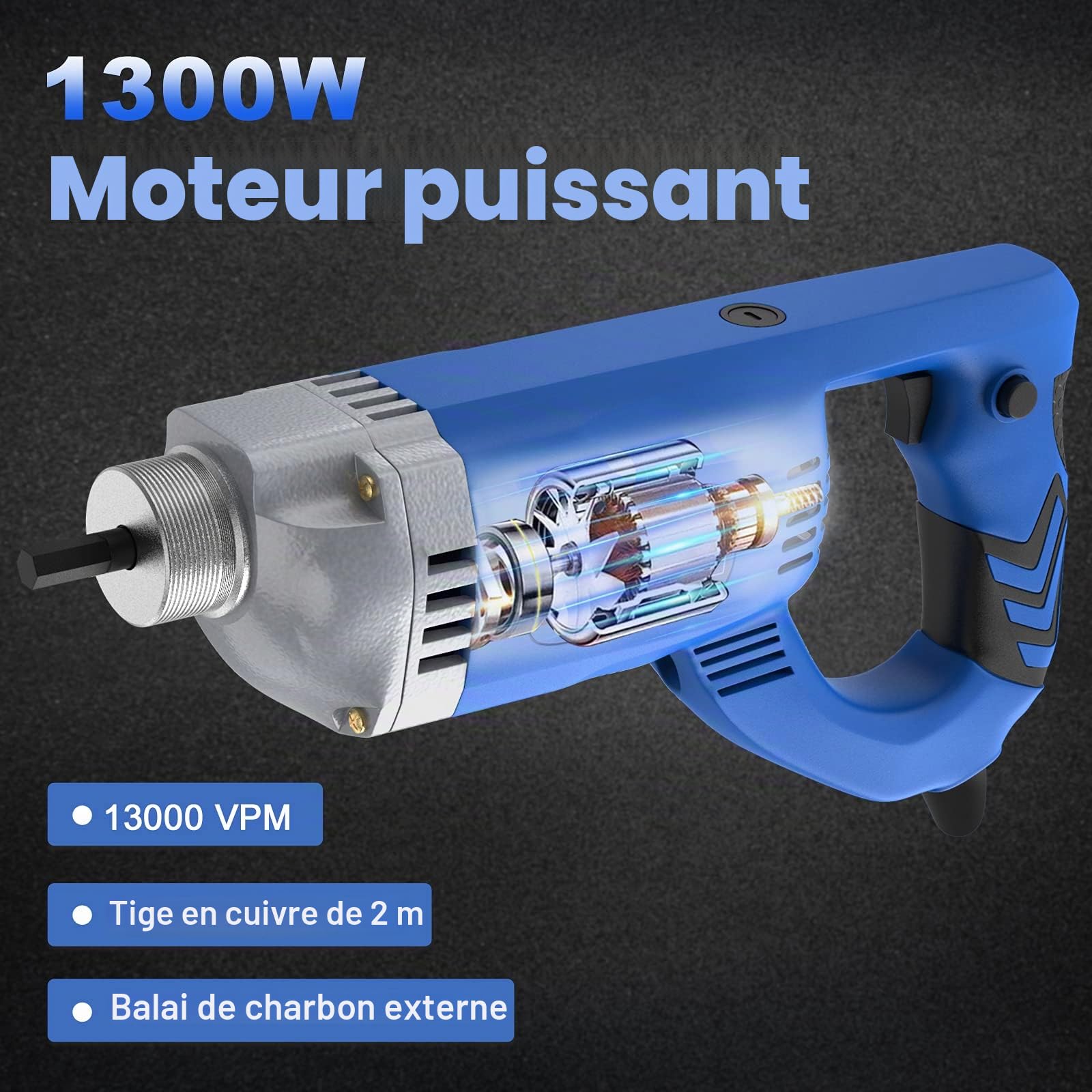 IMAYCC Vibrateur en Béton 1300W, Vibrateur de Construction électrique 4300 tr/min, Longueur de Cuivre Tige Vibrante 2M, Diamètre de l'arbre de Vibration 35mm，pour Tunnels,Routes, Ponts, Maison