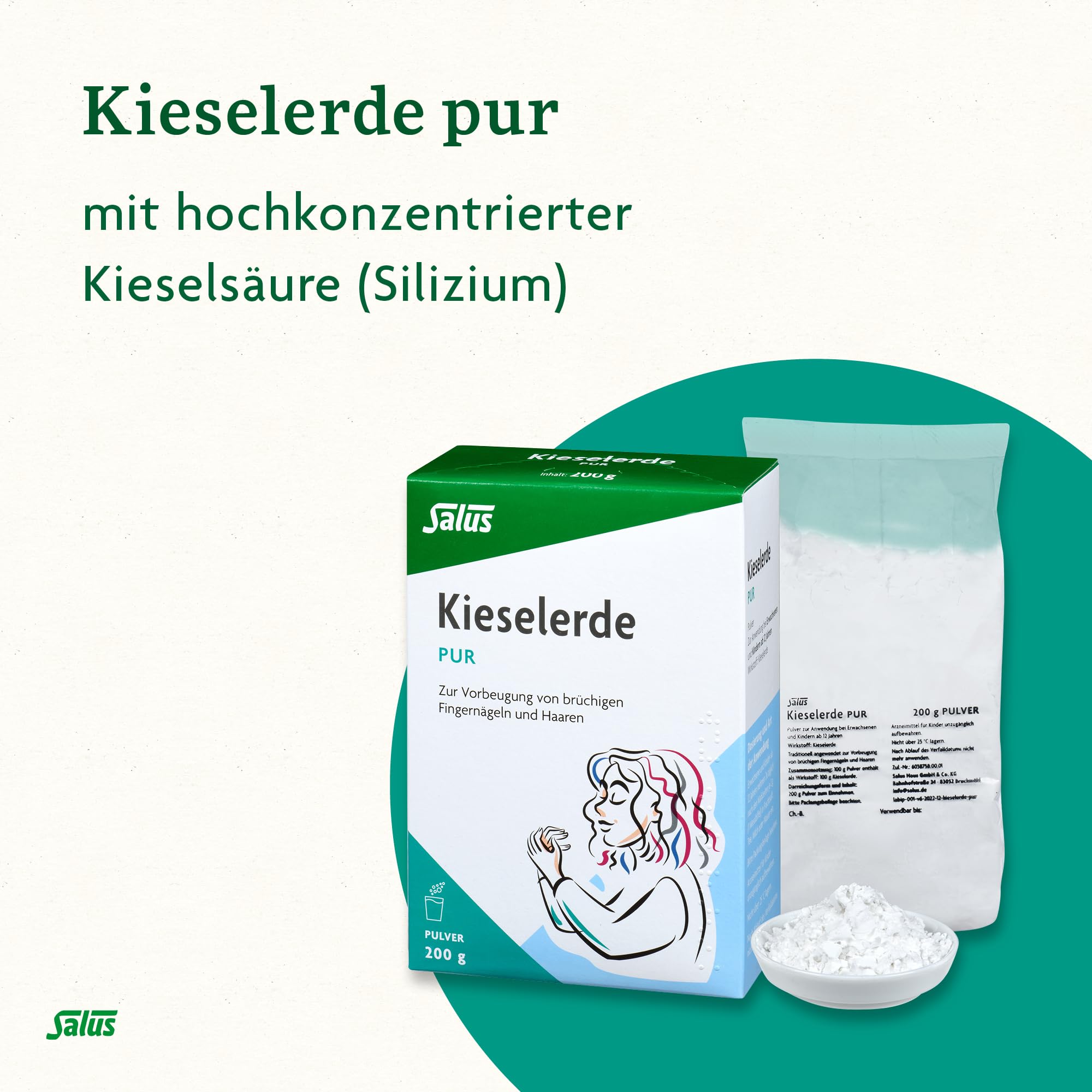 Salus – silice pura – 1 confezione da 200 g – medicinale libera vendita – per la prevenzione di unghie e capelli fragili – silice diatomea 87% di acido silicico puro