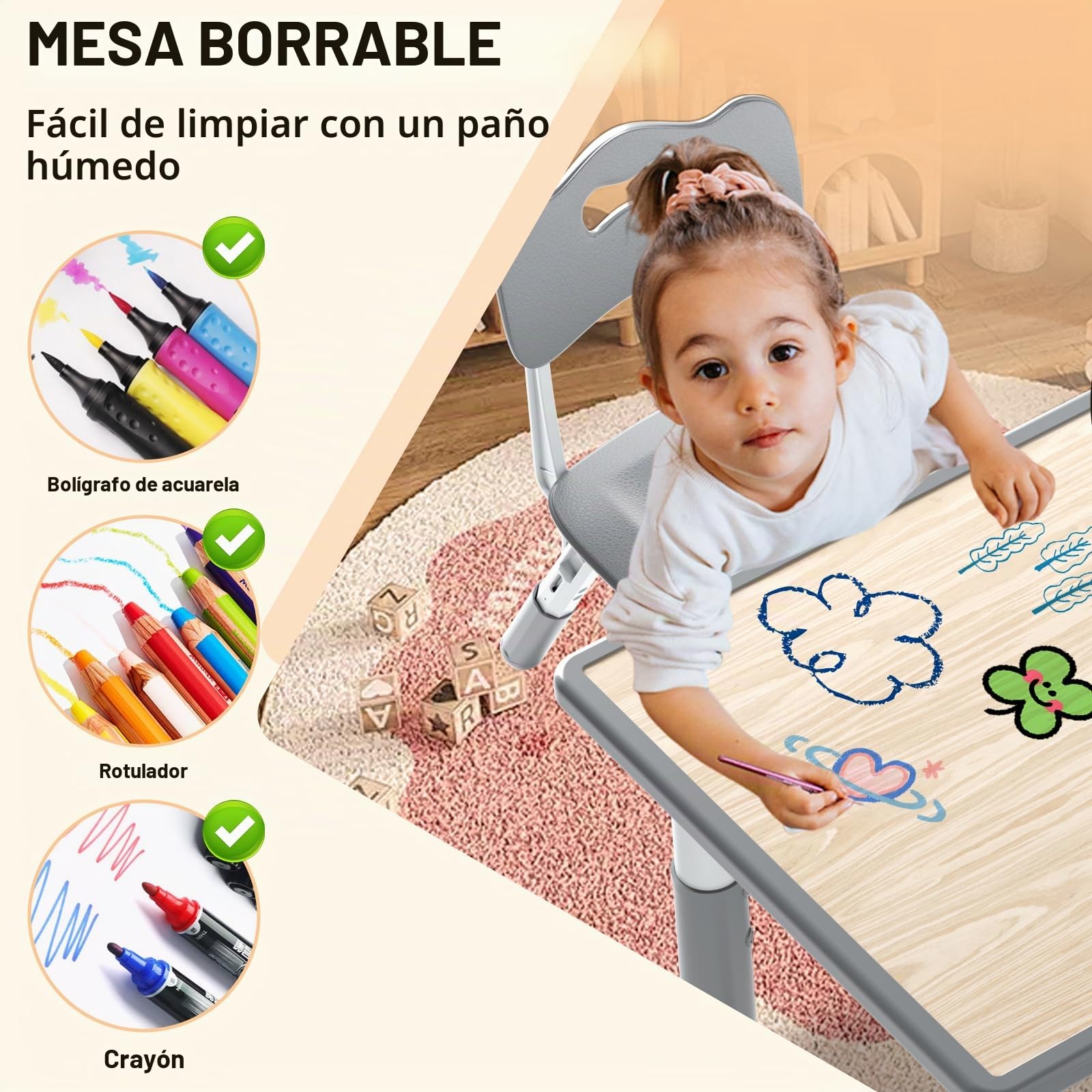 Mesa infantil con 2 sillas, grupo de asientos para niños, altura regulable de HDPE y ABS, mesa de juegos multifuncional para niños a partir de 2 – 10 años, juego de sillas ergonómicas para