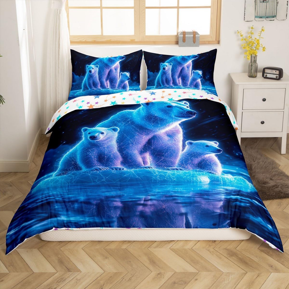 Polar Bear Duvet Cover Set Toddler Size,Arctic Animal Bedding Set Kids Boys Girls Room Decor,Night Galaxy Iceberg Pole Bear Comforter Cover 2Pcs,Wildlife Ocean Theme Bedspreads Cover,1 Pillowcase