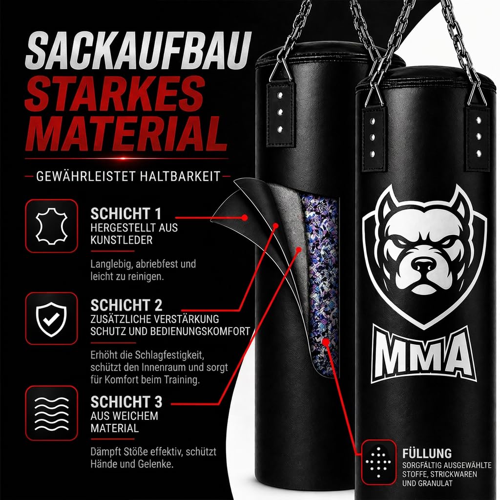 Boxsack Komplett-Set - Nachfüllbar Deckenbefestigung Boxbandagen & Reflexball inklusive Hängender Punching Bag für Box Kickbox MMA Muay Thai Ideal für Zuhause Erwachsene & Jugendliche