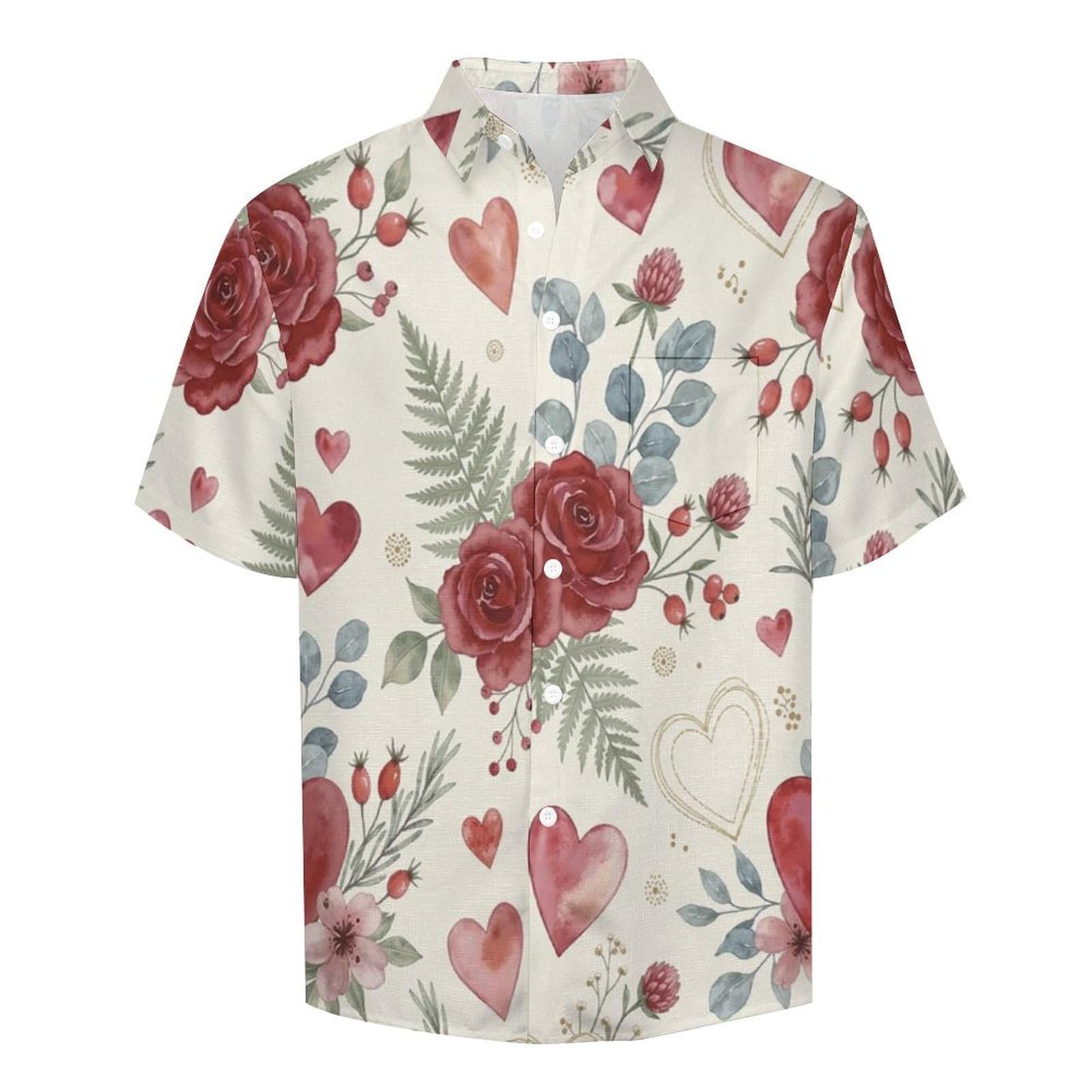 Camicie da Uomo a Maniche Corte con Stampa della Rose Fiori Ad Acquerello, Casual Leggere Bottoni Camicia con Tasca Frontale, per Vacanze Spiaggia Estate