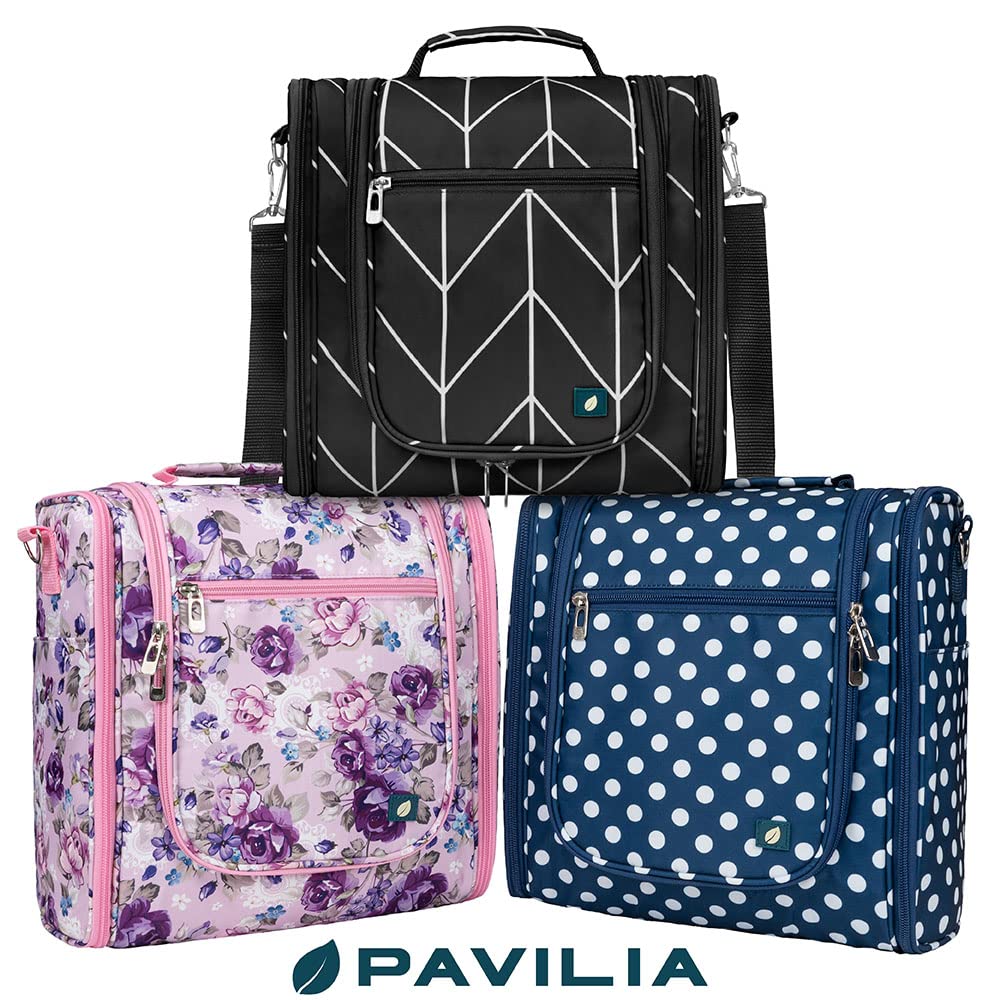 PAVILIA Large Hanging Toiletry Bag for Women Men, Travel Toiletry Bag Organizer for Toiletries, Cosmetics, Makeup Bag with Mesh, Water Resistant Pockets (Navy Polka Dot)