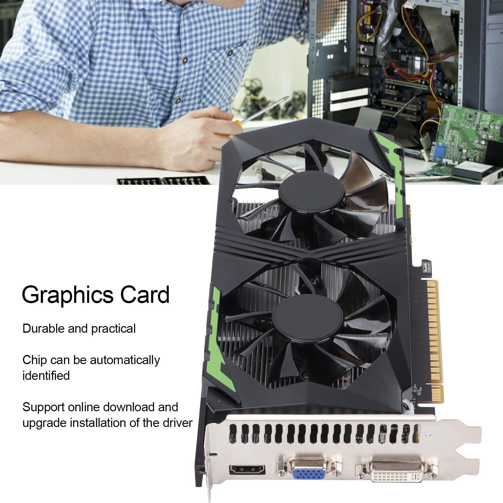 VBESTLIFE Scheda Grafica 1050TI da 4 GB, GPU DDR5 128 Bit, Scheda Video da Gioco PCIE 2.0 da 1350 MHz, Scheda Grafica per Computer Desktop con Porte HDMI, DVI, VGA