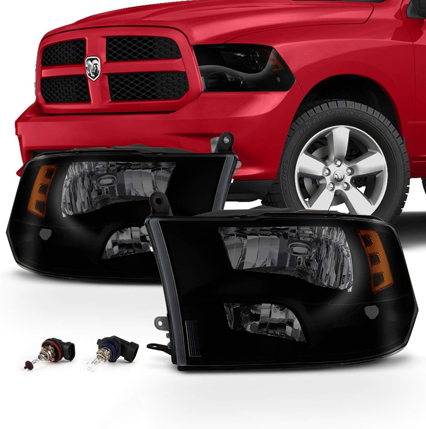 AKKON - For [Quad Style] 2009-2018 Dodge Ram 1500 | 10-18 Ram 2500/3500 Black Smoked Headlight Driver + Passenger Side