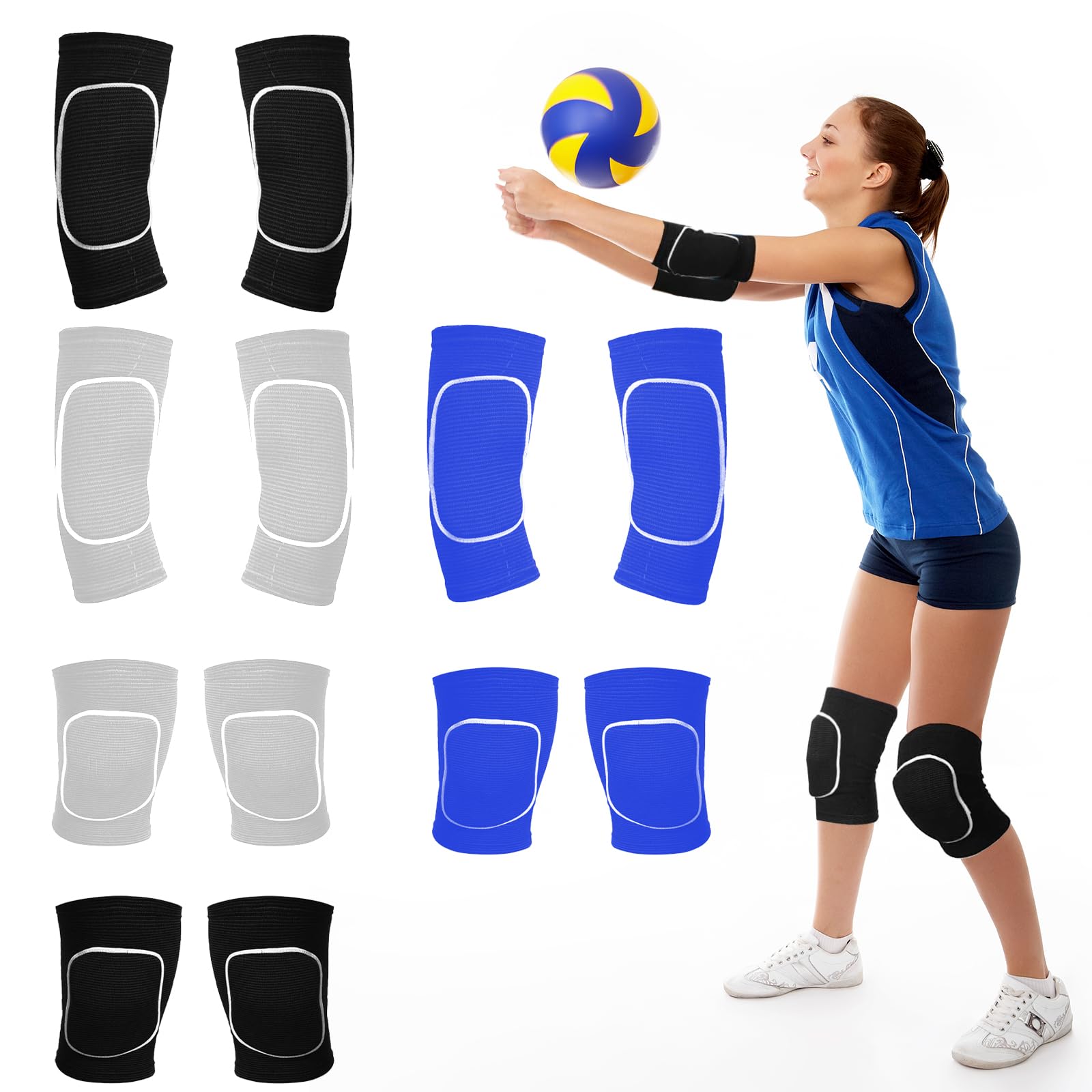 TANEMUDO 3 Set Volleyball Arm Sleeves Volleyball Knee Pads with Protection Pad, Soft Forearm Sleeves and Kneepads for Youth Training (Black Blue Gray)