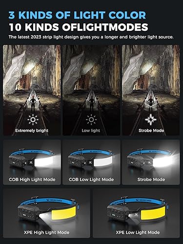Miniatura 3 de Smiling Shark Faro, Lámpara de Cabeza Led Recargable 6 Modos 7*Luces Blancas 270  Ancho de Iluminación Sensor de Movimiento Luz de Cola Roja para