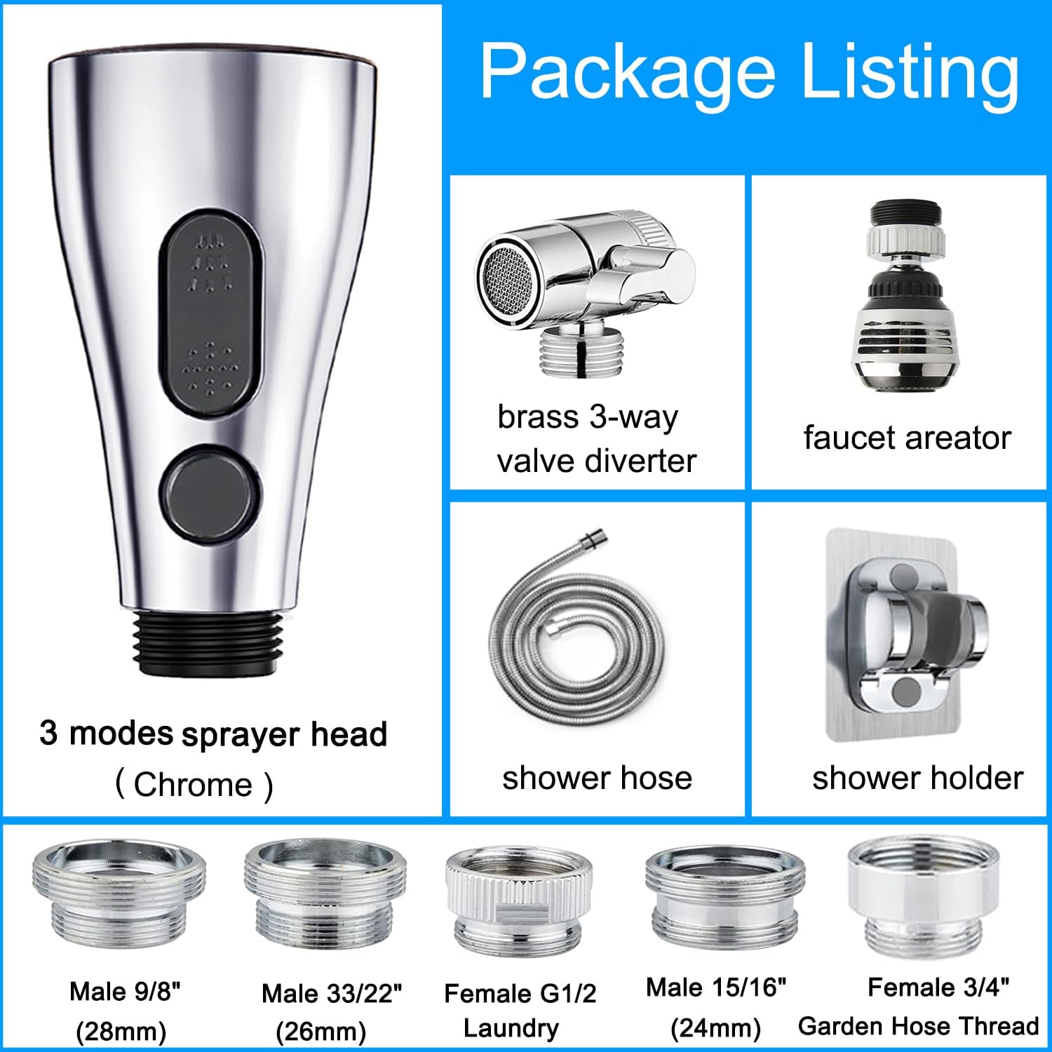 Kitchen Faucet Sink Sprayer Attachment, Sink Hose Sprayer with Aerator For Faucet with Brass Diverter & Stainless Steel Hose for Kithcen,Laundry Room, Bathroom Pet Shower,Hair Washing (Chrome)