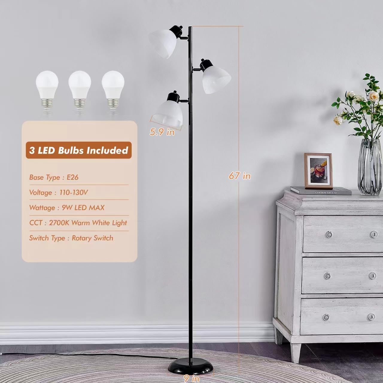 Lámpara de pie moderna de árbol para sala de estar, dormitorio, lámparas de pie de poste alto con 3 cabezales giratorios ajustables para oficina, esquina de decoración, lectura en interiores, 3 2
