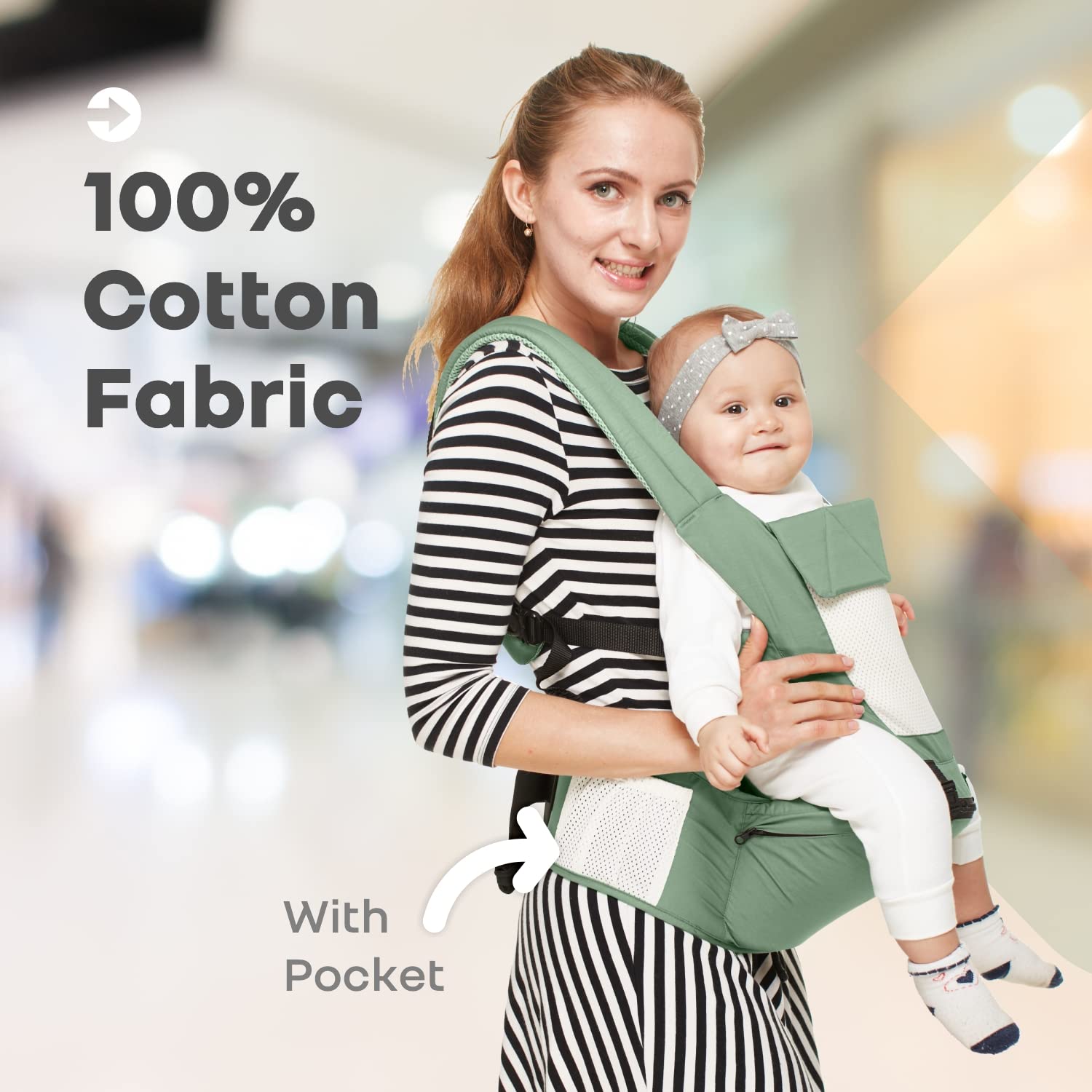 R for Rabbit Upsy Daisy Baby Carrier Cum Kangaroo Bag, Ergonomic Baby Carry Bag, Adjustable Hip Seat Belt, Carrier with 4 in 1 Carry Position for 3 to 36 Months Kids, Max Weight up to 20 Kgs (Green) - Image 7 thumbnail