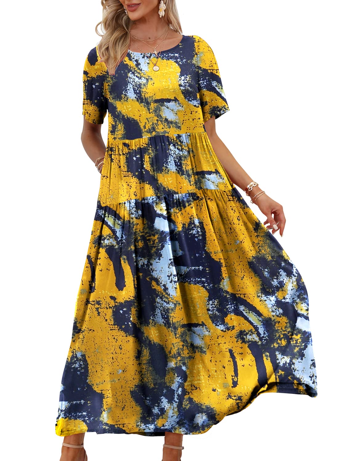 YESNOWomen Casual Loose Bohemian Floral Dress with Pockets Short Sleeve Long Maxi Summer Beach Swing Dress EJF