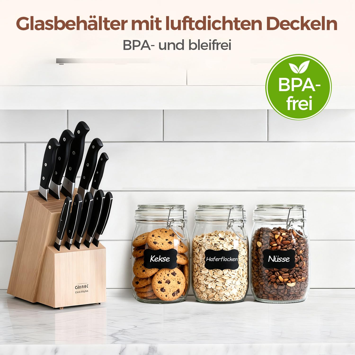 MuciHom - Barattoli ermetici per alimenti, in vetro borosilicato senza BPA, con coperchio in bambù, contenitore cilindrico per cereali con guarnizione Medium 34oz Round - 3 Sets