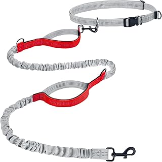 Hurluksi Hands Free Dog Waist Leash, Dog Belt Leash for Running, Heavy Duty Dog Walking Belt with Retractable Elastic Rope and Sponge Handle Red