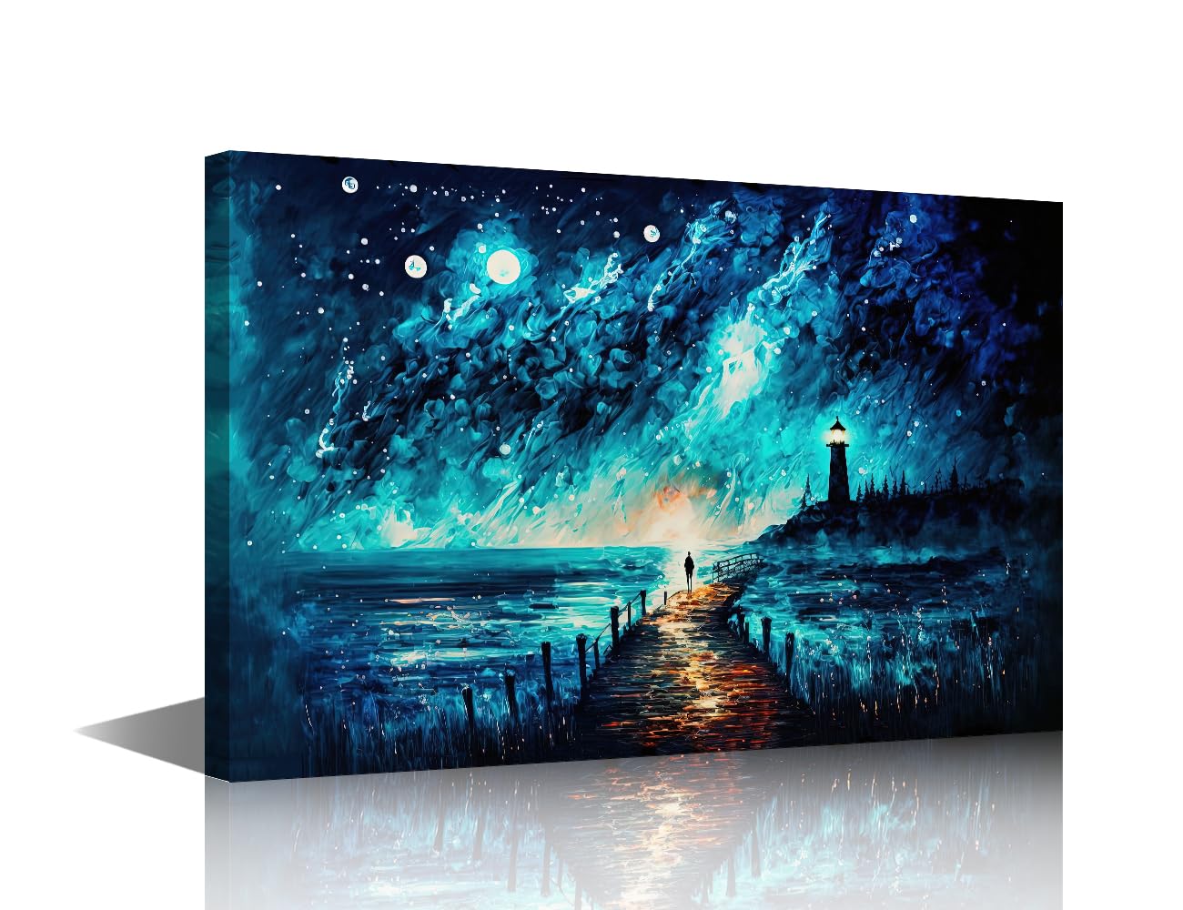 Modern Wall Art for Living Room 1 Panel Beautiful Seascape with Glitter Glow Starry Sky in Night Picture Poster Oil Painting Style Pictures Print on Canvas, Stretched Framed, 24" Wx16 H