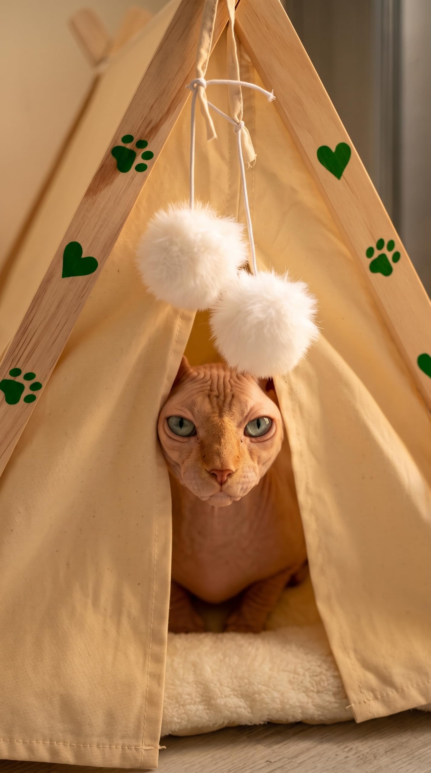 Tipi Lit pour chats et petits chiens – Grotte en bois massif, coton et lin respirant, niche igloo d'intérieur pour animaux de compagnie, chiots, berceau de voyage pliable et portable avec coussin