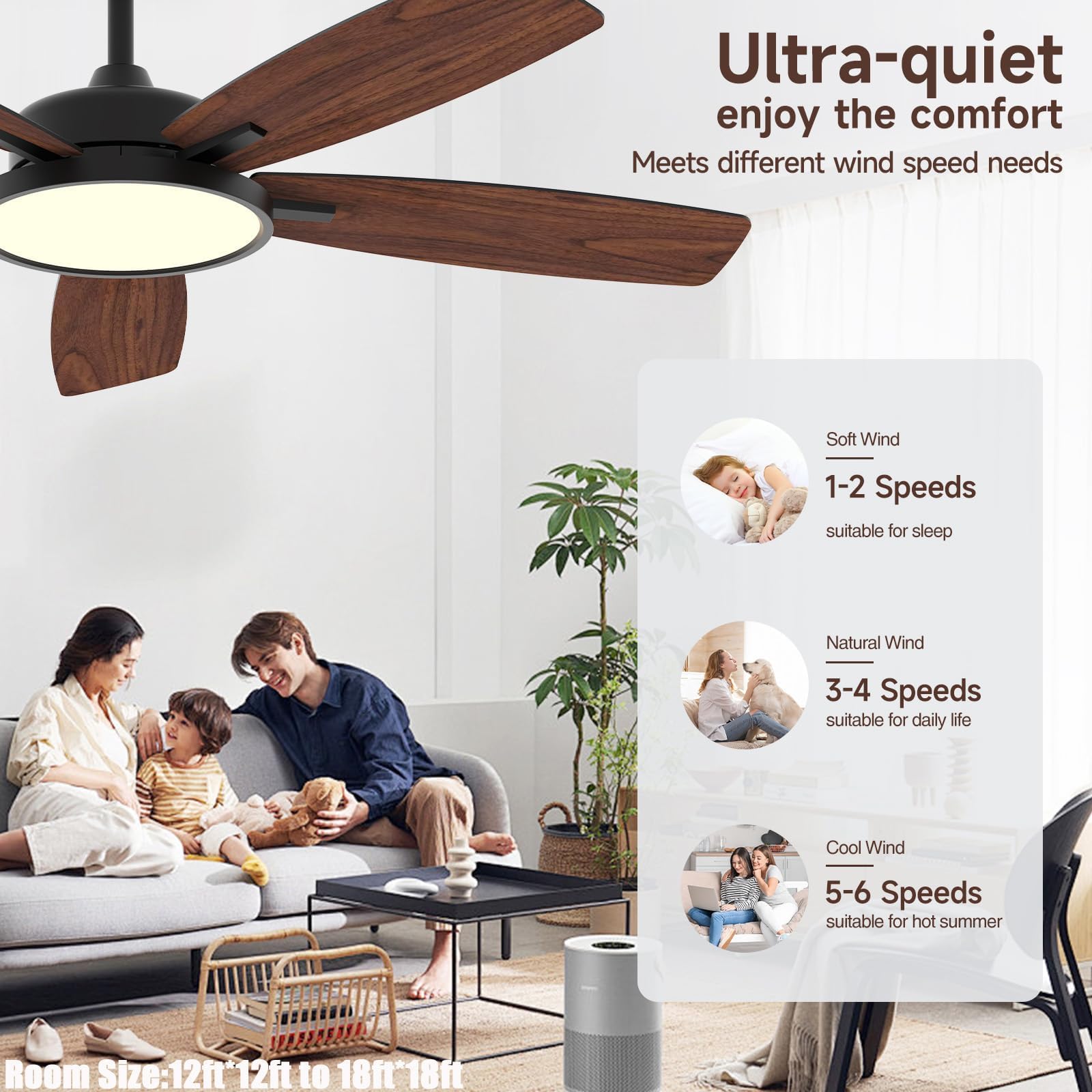Taloya Smart Deckenventilator mit Licht und Fernbedienung, Moderne Dimmbare LED Beleuchtung, App Control, 132 cm, Schwarz, Leise DC Motor, 6 Geschwindigkeiten, Timer, für Schlafzimmer Esszimmer