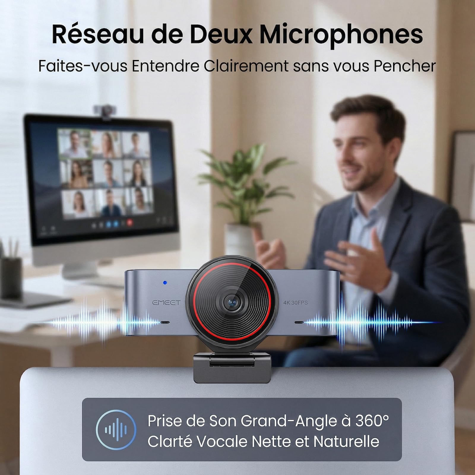 eMeet C960 Ultra Webcam 4K pour PC/Mac, Capteur 1/1.5", Autofocus 0,2s, Corps en Métal, Mode Tableau Blanc, Cache de Confidentialité, 2 Micros, Caméra USB pour Streaming, Réunion, Télétravail