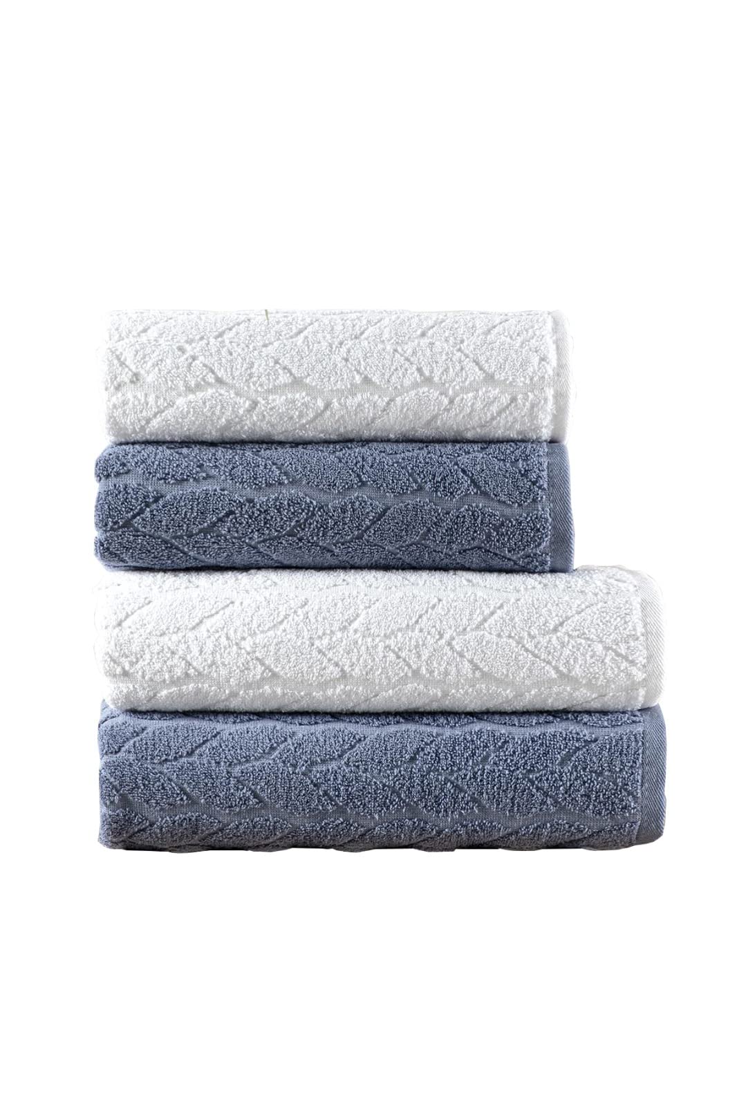 Mürdüm Home Sarmaşık Çift Renk Banyo Havlusu, 4'lü Paket 2 Parça (70x140),2 Parça (50x90) Yumuşak ve Emici, Kaliteli Günlük Kullanıma Uygun%100 Pamuk Havlu (İndigo-Beyaz)